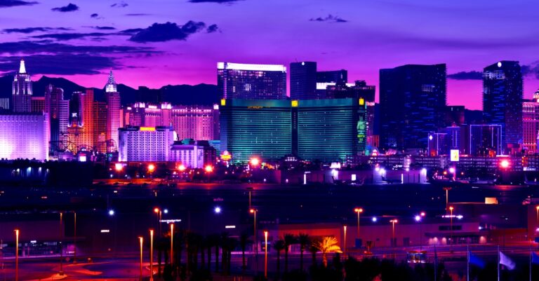 Vegas lights during a purple sunset.