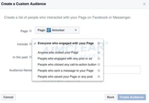 Screenshot of Create a Custom Audience Create a list of people who interacted with your Page on Facebook or Messenger