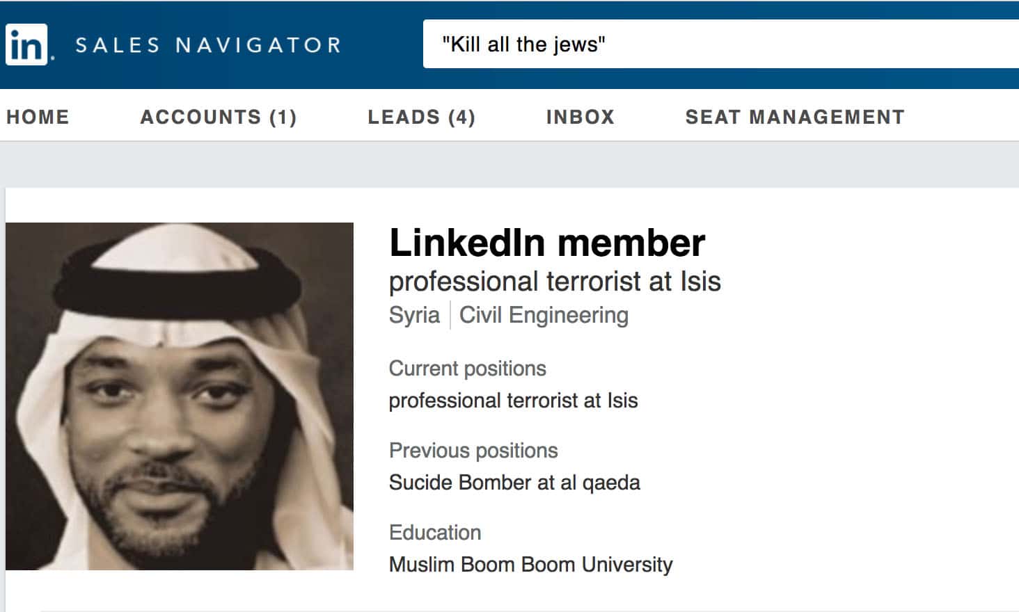 Will Smith's face pasted on a fake LinkedIn Profile introduces, LinkedIn Targeting Dirt: Haters, Terrorists, Slanted Judges, Intel Ops, Foreign Nuclear Engineers & MORE!