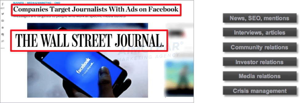 Screencap of Wall Street Journal story about Companies Targeting Journalists with Ads on Facebook.