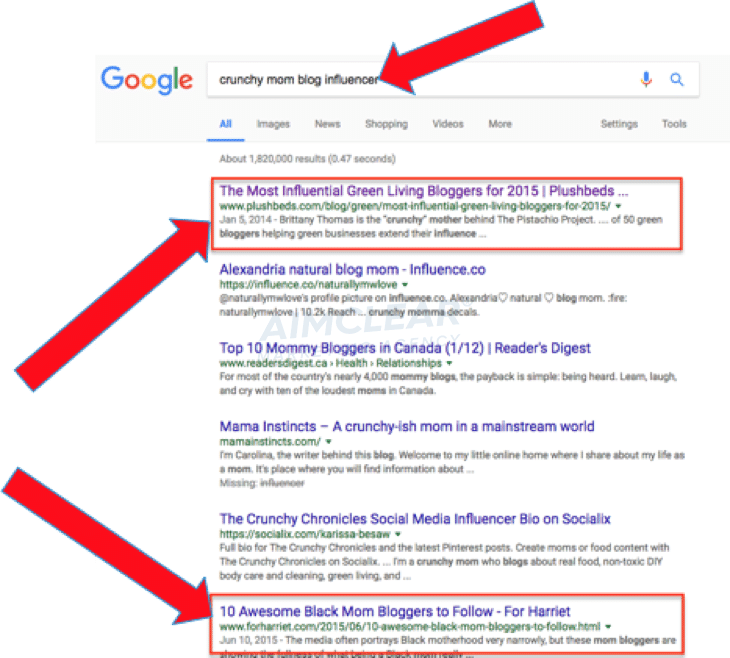 Google SERPs for a search of, crunchy mom blog influencers.