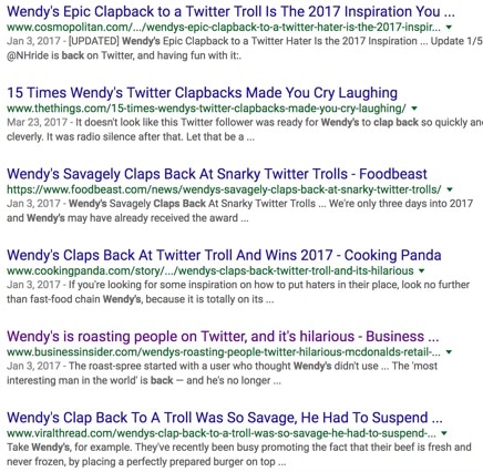 Search screen cap of results of Wendy's Twitter Clapback