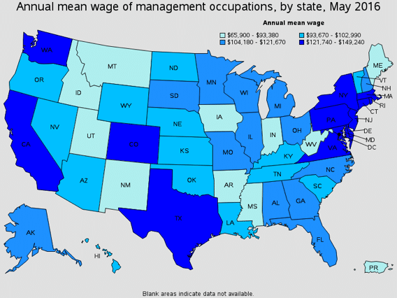 U.S. Bureau of Labor Statistics Annual Wage for Management Job with Color Coded States Map