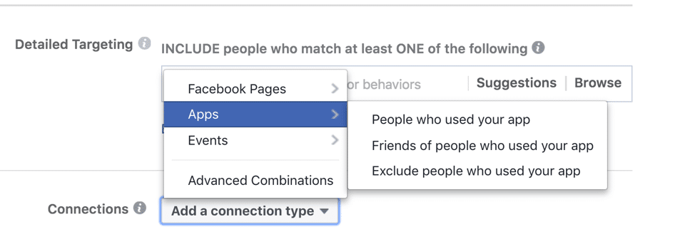 FB's current Connections Apps targeting options
