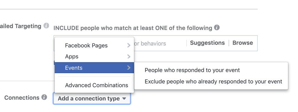 FB's current Connections Events targeting options