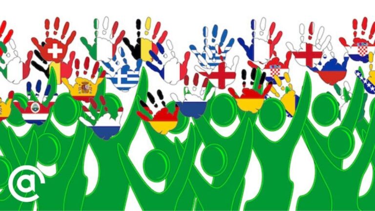 National flags on handprints over people with upraised arms