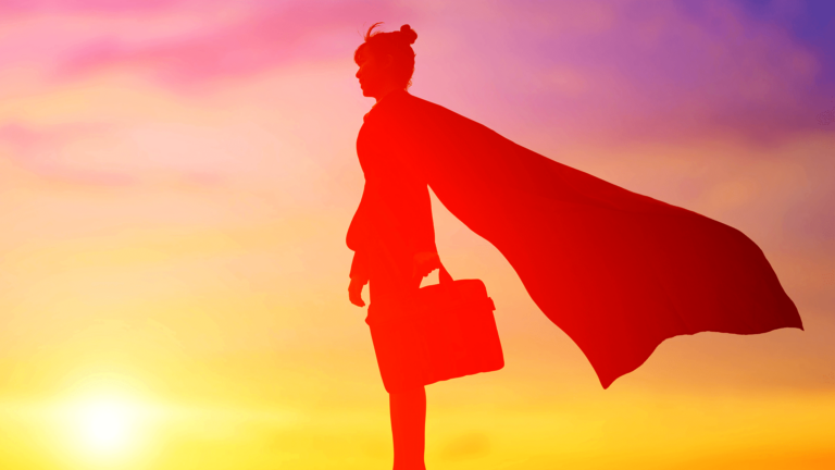 A female super hero's red silhouette over sunrise background introduces, Account Management Superhero Traits: Lessons for Success Redux.