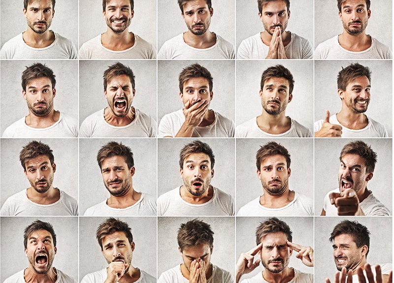 20 facial expressions of a single man