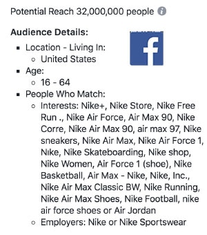 Nike has approximately 32,000,000 Facebook users interested in themes like: Nike+, Nike Air Max, etc.