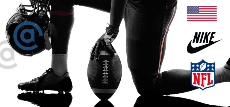 A football player kneels with helmet and ball in hand. American Flag, Nike logo and NFL logo starts the post, Kaepernick & Nike Beyond the Bickering: Social Data Unlocks the Risk of Taking Heady Positions