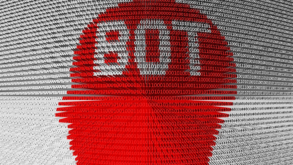 A screen of zeros and ones line after line in white, some in red making the shape of a human head and excluding some to form the word, "Bot" over the brain.