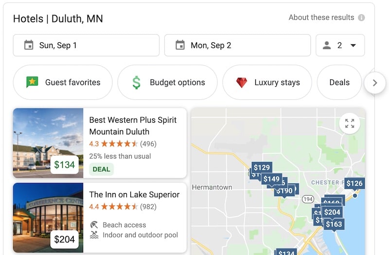 Google SERP of hotels in Duluth
