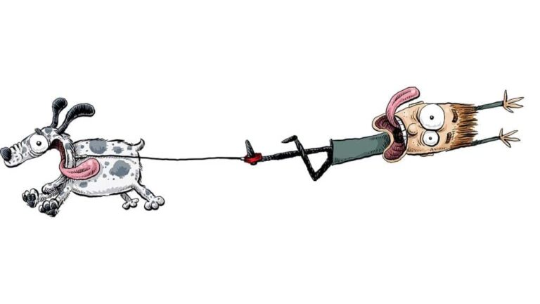 A cartoon, spotted dog drags a scared, yelling man by his leash.