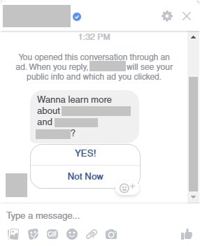 Screen cap of a Facebook Messenger chatbot interaction