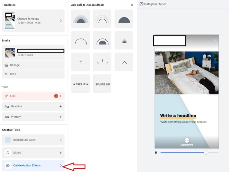 Screen capture showing Facebook/INstagram story ads CTA options