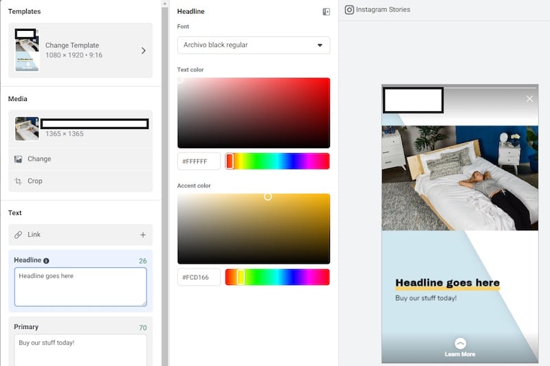 Screen capture of Story Ads template interface