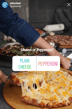 An Instagram Stories ad example shows a poll of plain cheese versus pepperoni pizza.