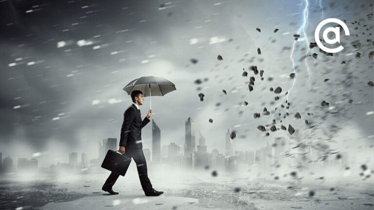 Illustration of a man walking through a storm holding an umbrella