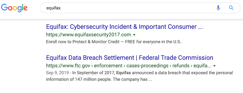 Screen cap of Equifax in Google search results