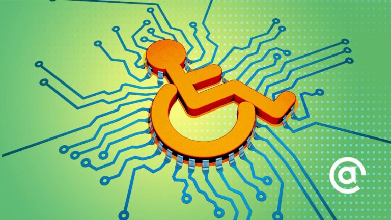 Graphic of wheelchair icon over a circuit board