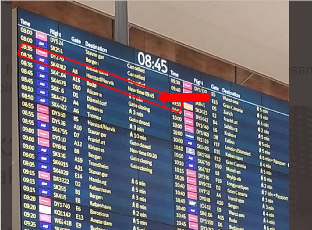 The flight board in Oslo shows plenty of time to make the second flight.