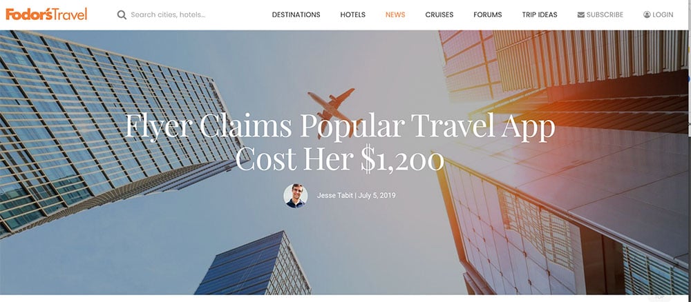 A picture of foders blog post about TripIt. Title reads, "Flyer claims popular travel app cost her $1,200."