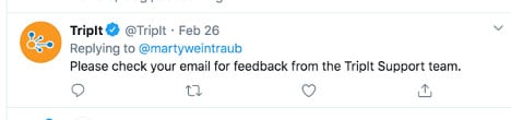 TripIt tweet asking me to check my email for feedback.