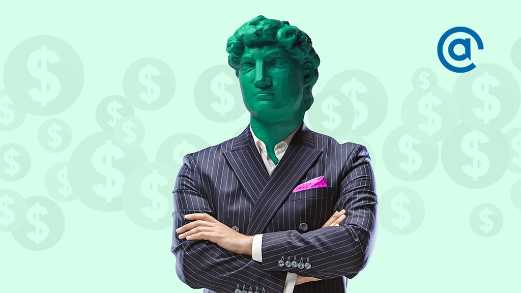 Office man headed by bright statue on green background