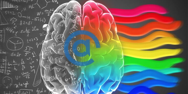 Math equations enter the left side of a black and white brain and leave in a vibrate flow of colors.