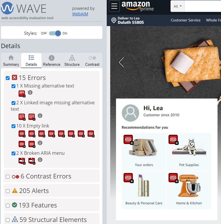 Empty Link Errors Found by WAVE on Amazon's website.