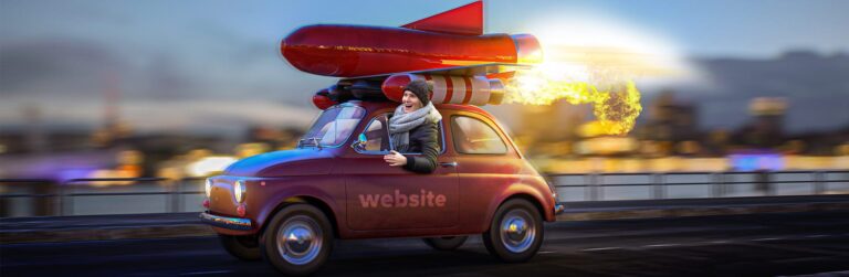 Rockets ablaze, strapped to the top of a small red car labeled, "website" with a wild eyed driver hanging on.
