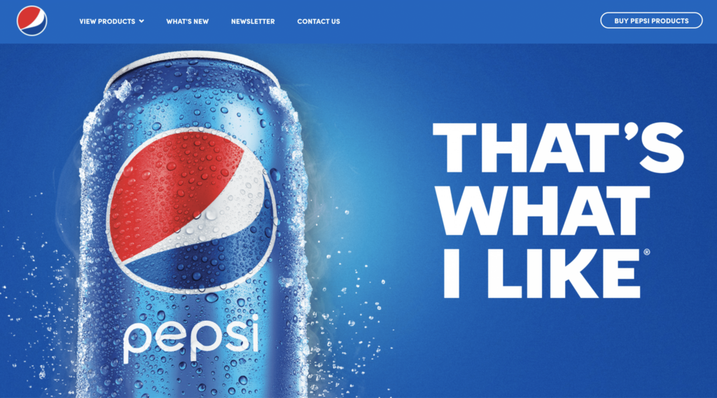Image of Pepsi's homepage with a hero image that says, "That's What I Like" and displays a Pepsi can.