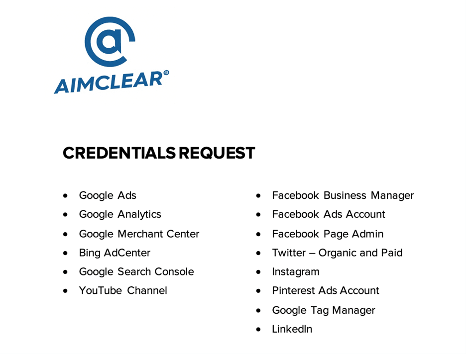 AIMCLEAR's list of credentials for data that 