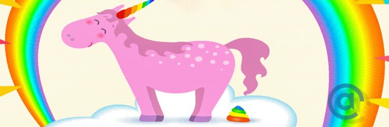 A happy pinky-purple unicorn pooping rainbow dung.