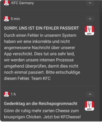 Screenshot of apology in German from KFC