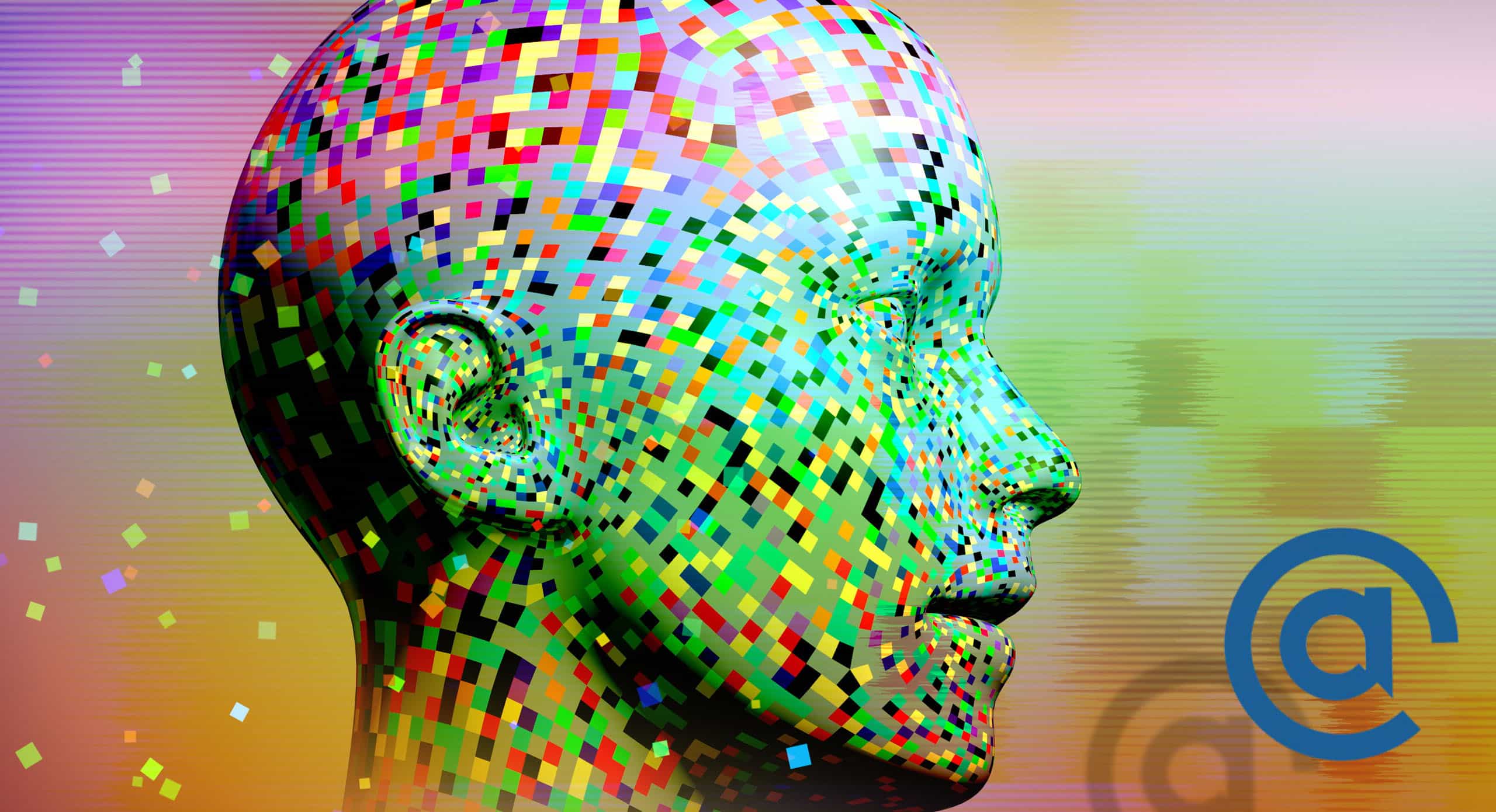 Pixelated head on rainbow background