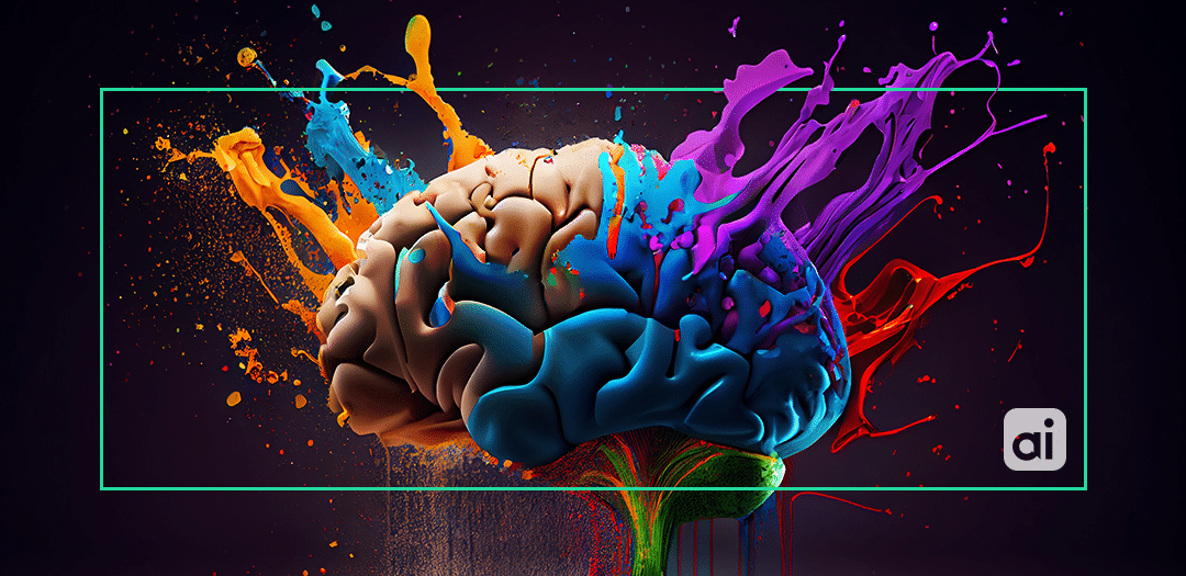 Image of a human brain with colorful paint splashing on it, depicting AI.