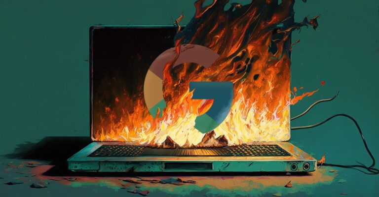 Laptop on fire with Google logo