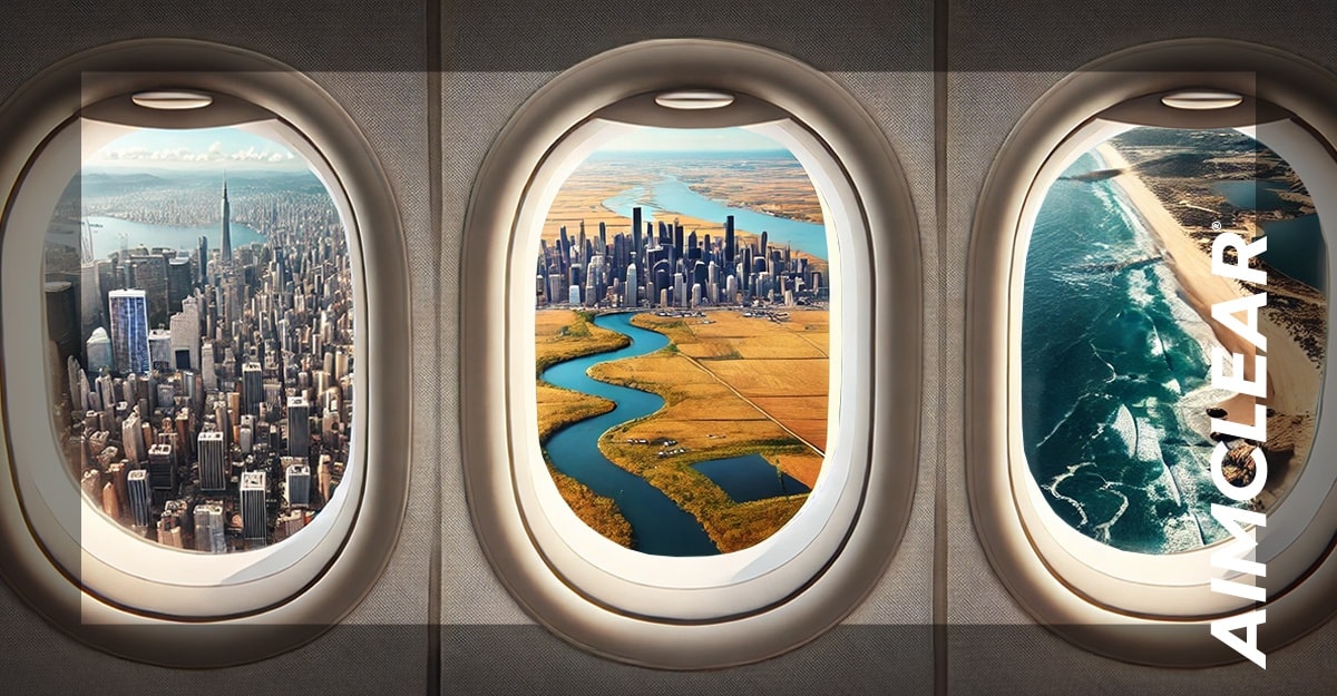 3 plane windows showing different cities in each