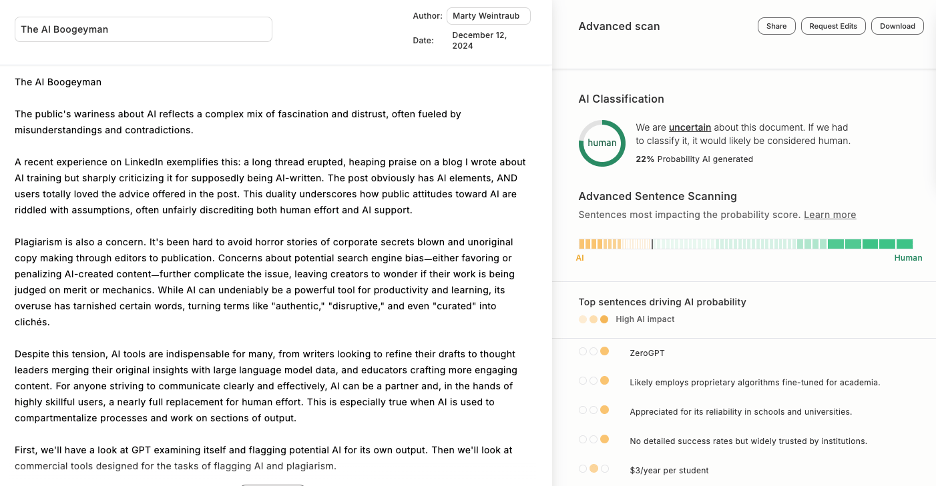 gptzero results showing 22% AI probability