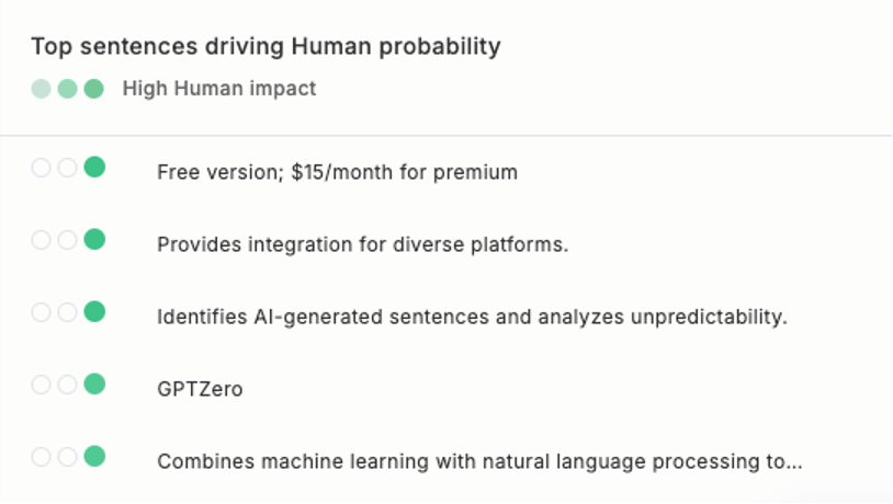 High human probability sentences, including "Free version; /month for premium" and "GPTZero"