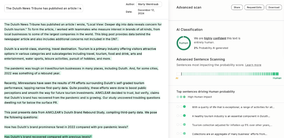 gptzero results showing high confidence of human writing