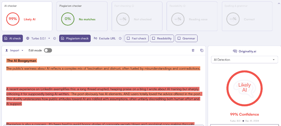 Screenshot of originality.ai results showing 99% likelihood of AI