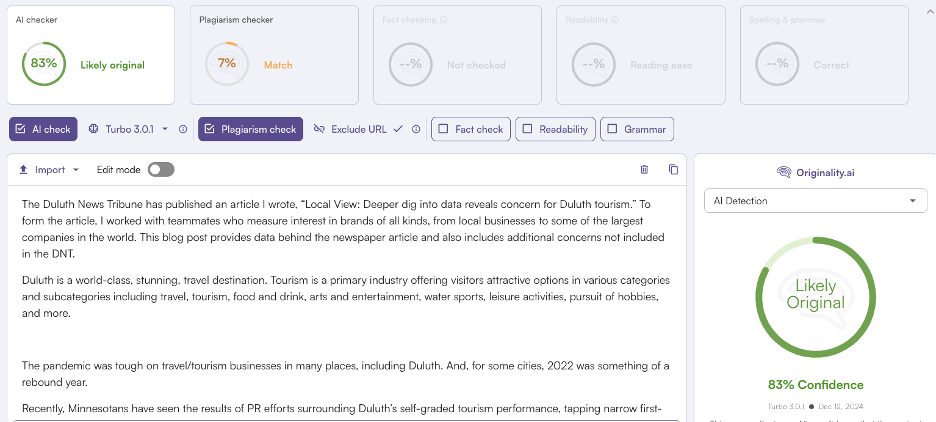 Screenshot of originality.ai results showing 83% likelihood of original content
