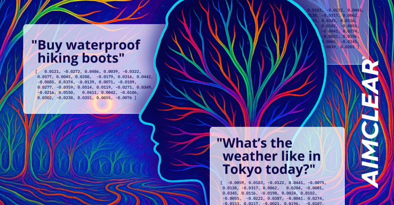 Image of head, with poetic, multicolor trees groing in and around it to represent neural nets. Also, there are sample embedding code looking objects.