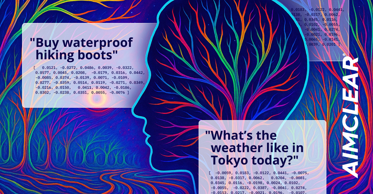 Image of head, with poetic, multicolor trees groing in and around it to represent neural nets. Also, there are sample embedding code looking objects.