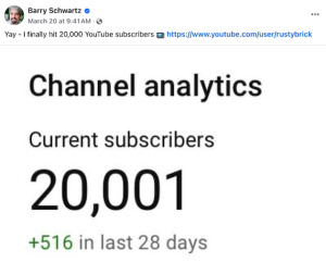 Tweet announcing 20k subscribers on March 20th
