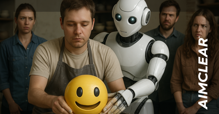 Robot helping person create emoji on a pottery wheel