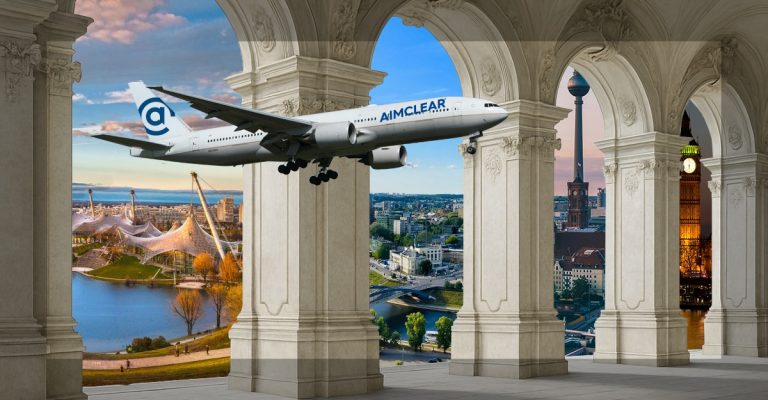 Plane with AIMCLEAR branding flying by Lithuania, Munich, Berlin, and London