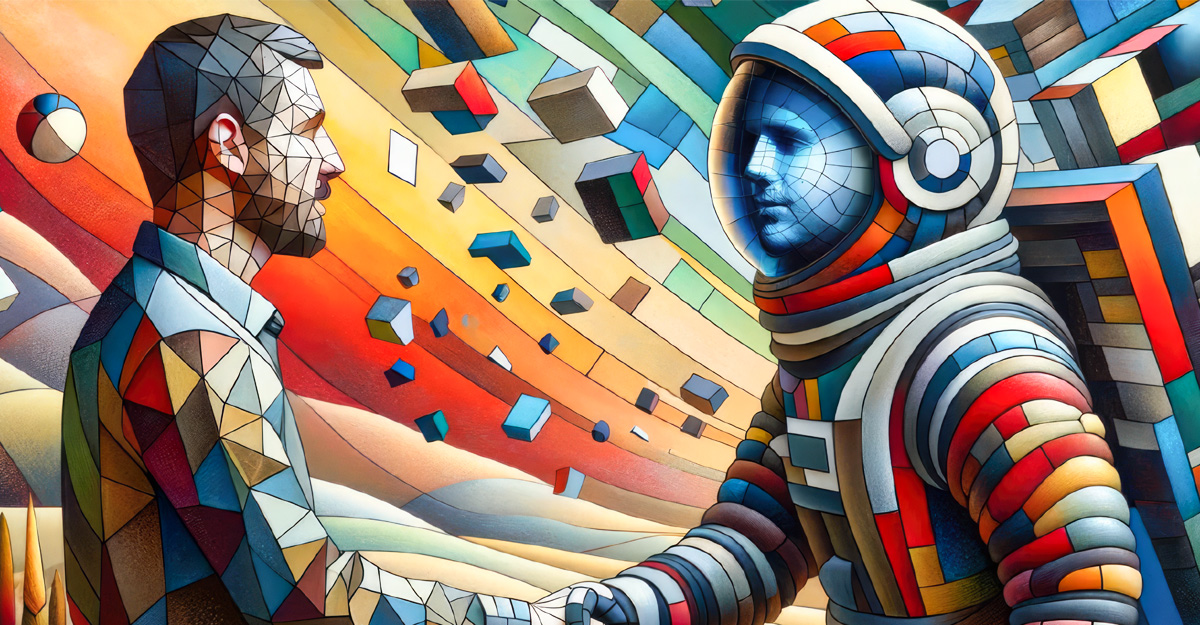 human shaking hands with a robot, bright colors